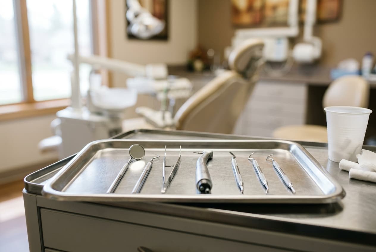 Instruments dentaires posés sur un plateau inox avec arrière-plan clinique flou