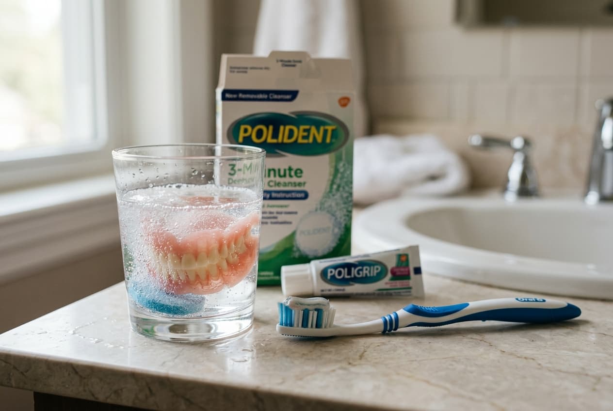 Routine de nettoyage d'une prothèse dentaire avec brosse et verre d'eau