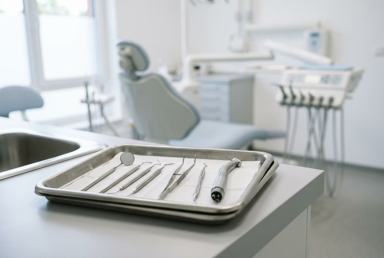 Matériel de détartrage posé sur un plateau inox dans un environnement dentaire flou