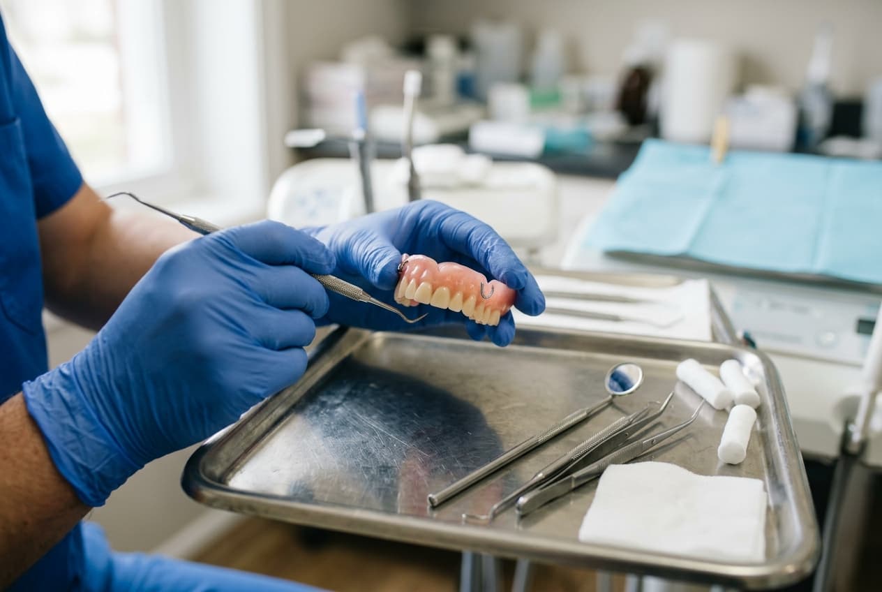 Mains gantées manipulant une prothèse dentaire sur un plateau inox