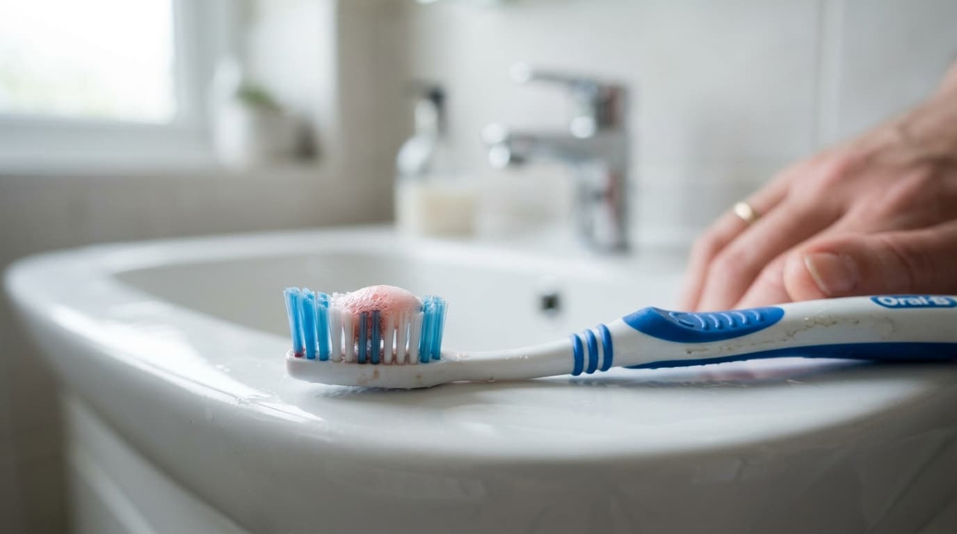 Brosse à dents avec légère trace rosée, évocation d'une gencive qui saigne