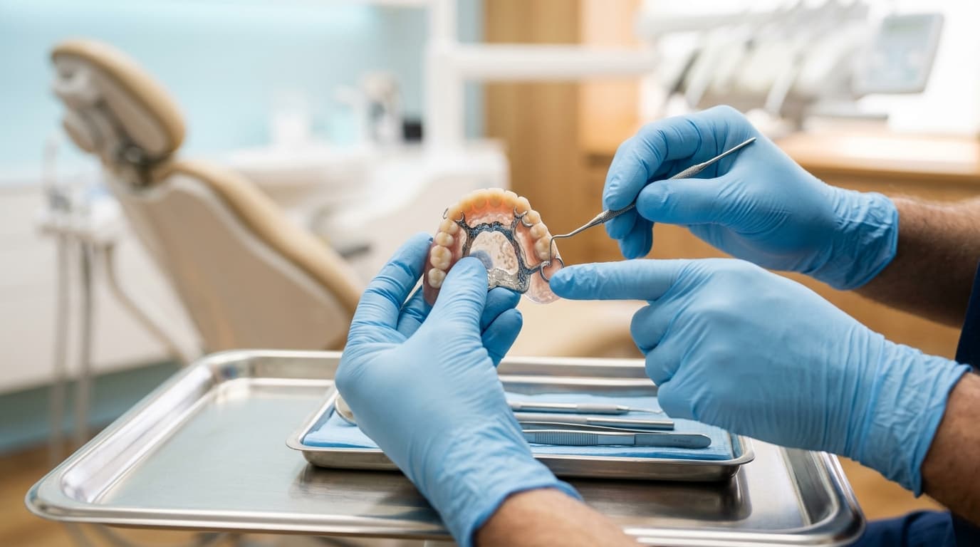 Contrôle d'une prothèse dentaire par des mains gantées sur un plateau clinique