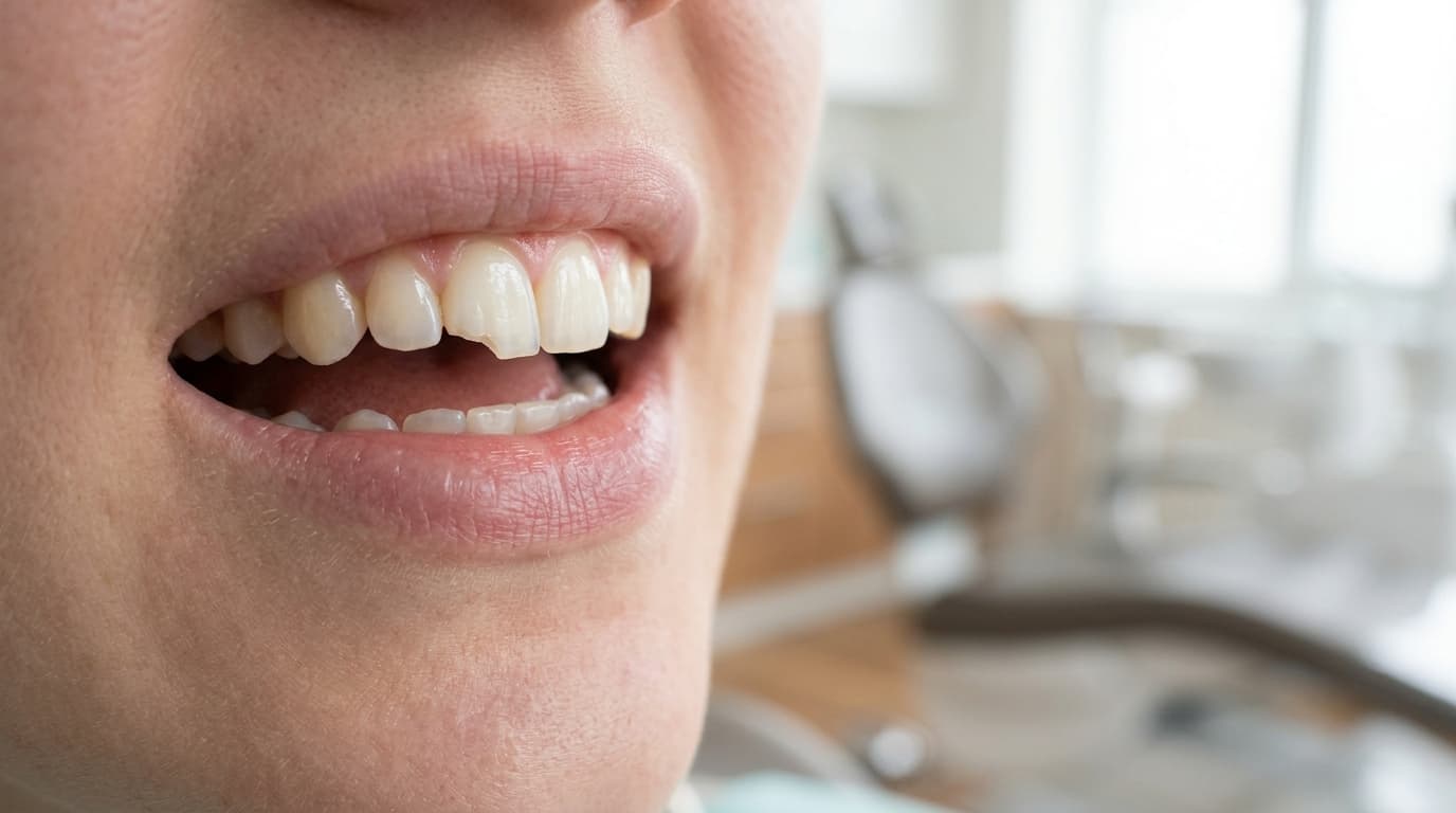 Gros plan sur une incisive légèrement ébréchée