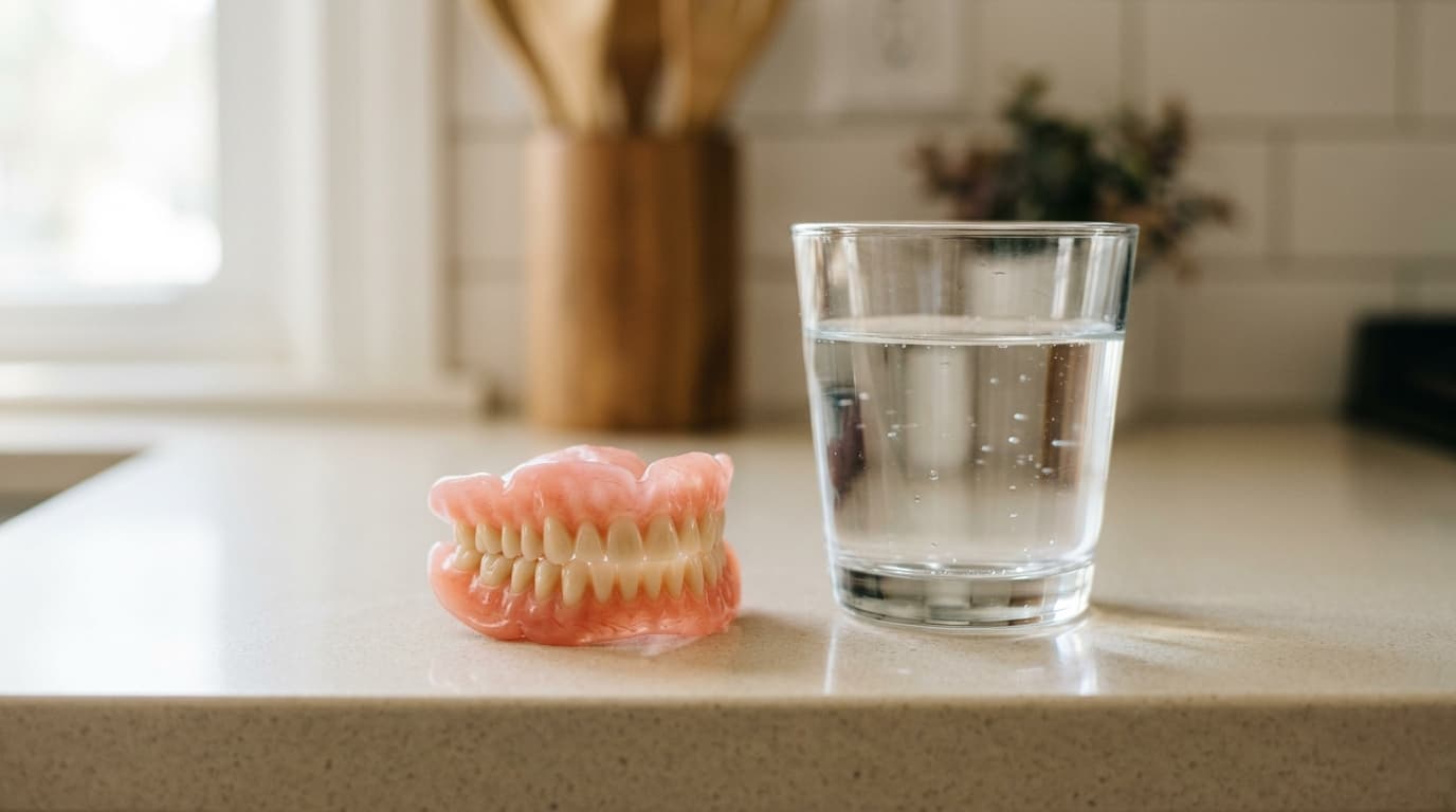 Prothèse dentaire amovible posée près d'un verre d'eau sur un plan propre