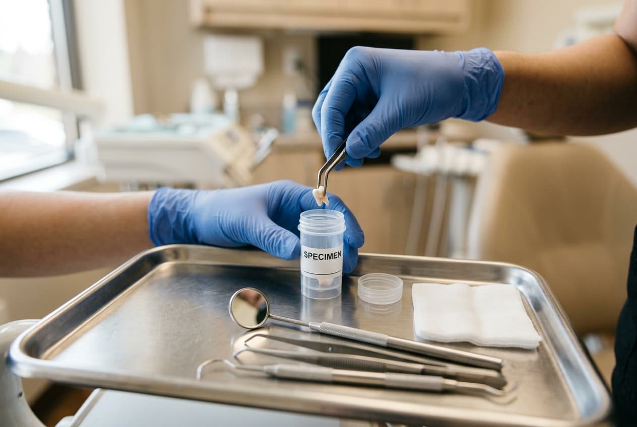 Fragment de dent conservé dans un petit récipient à côté d'une compresse