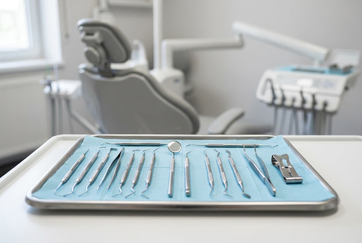 Plateau d'instruments dentaires prêt pour une prise en charge d'urgence