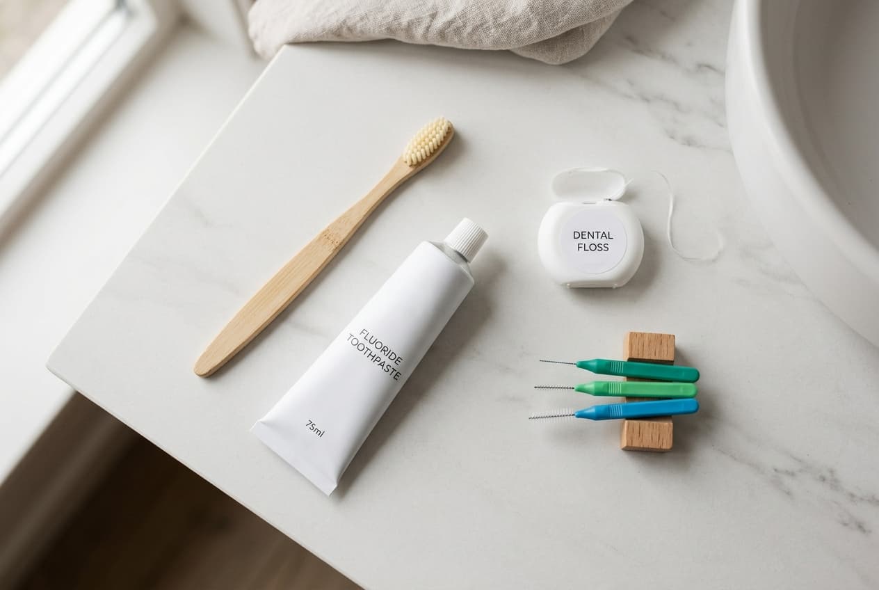 Brosse à dents, dentifrice fluoré, fil dentaire et brossettes interdentaires sur un plan de salle de bain clair