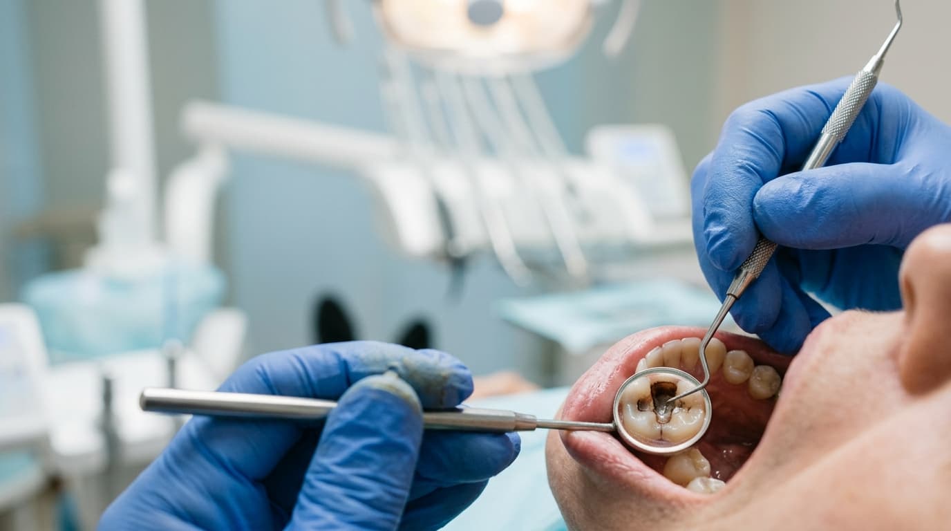 Examen rapproché d'une molaire avec miroir dentaire et gants