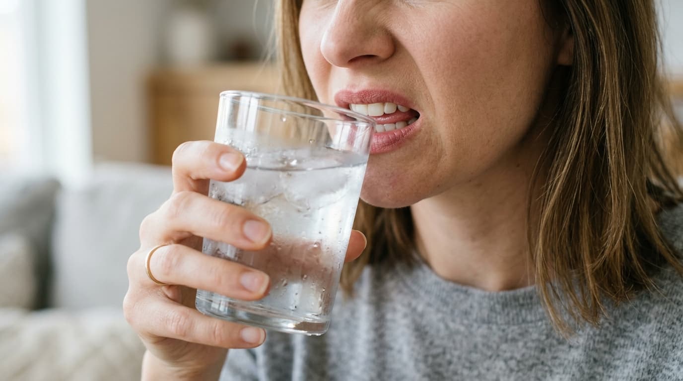 Gros plan d'une personne tenant un verre d'eau froide près de la bouche pour illustrer une sensibilité dentaire au froid