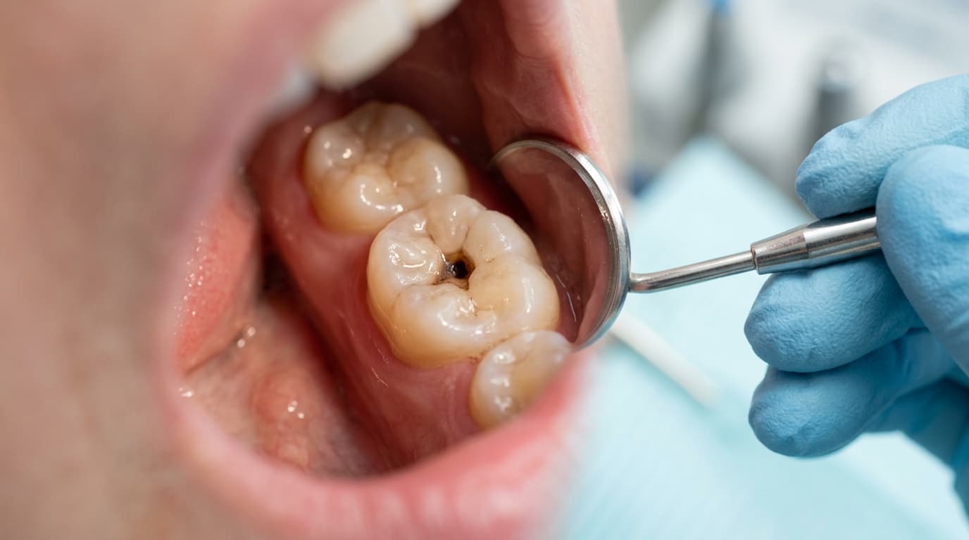 Gros plan d'une molaire avec une petite cavité visible et un miroir dentaire