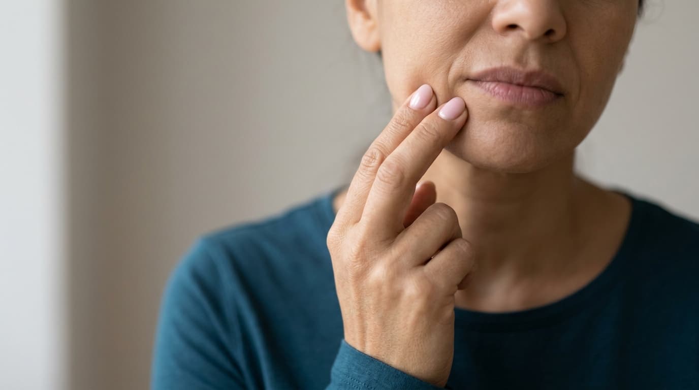 Gros plan sur une main posée contre la joue pour illustrer une douleur dentaire