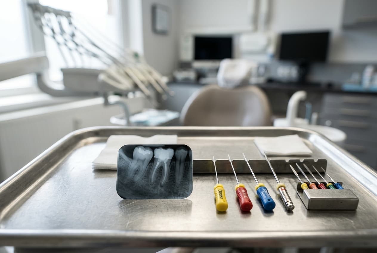 Instruments dentaires et radiographie pour illustrer le diagnostic d'une dent douloureuse