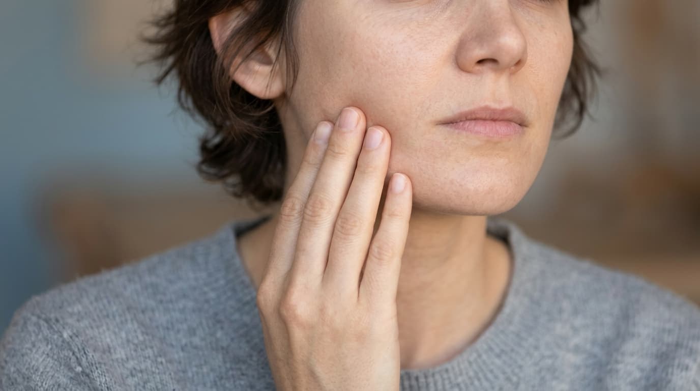 Main tenant la mâchoire inférieure pour illustrer une douleur matinale