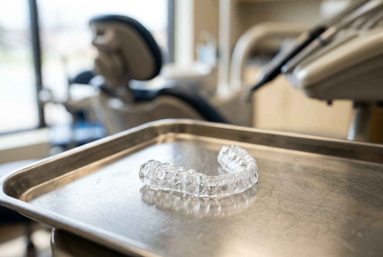 Gouttière dentaire transparente posée sur un plateau en cabinet
