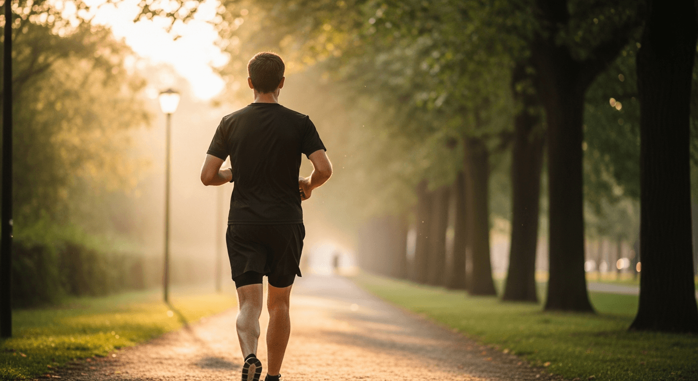 Coureur en pleine foulée dans un parc au lever du soleil