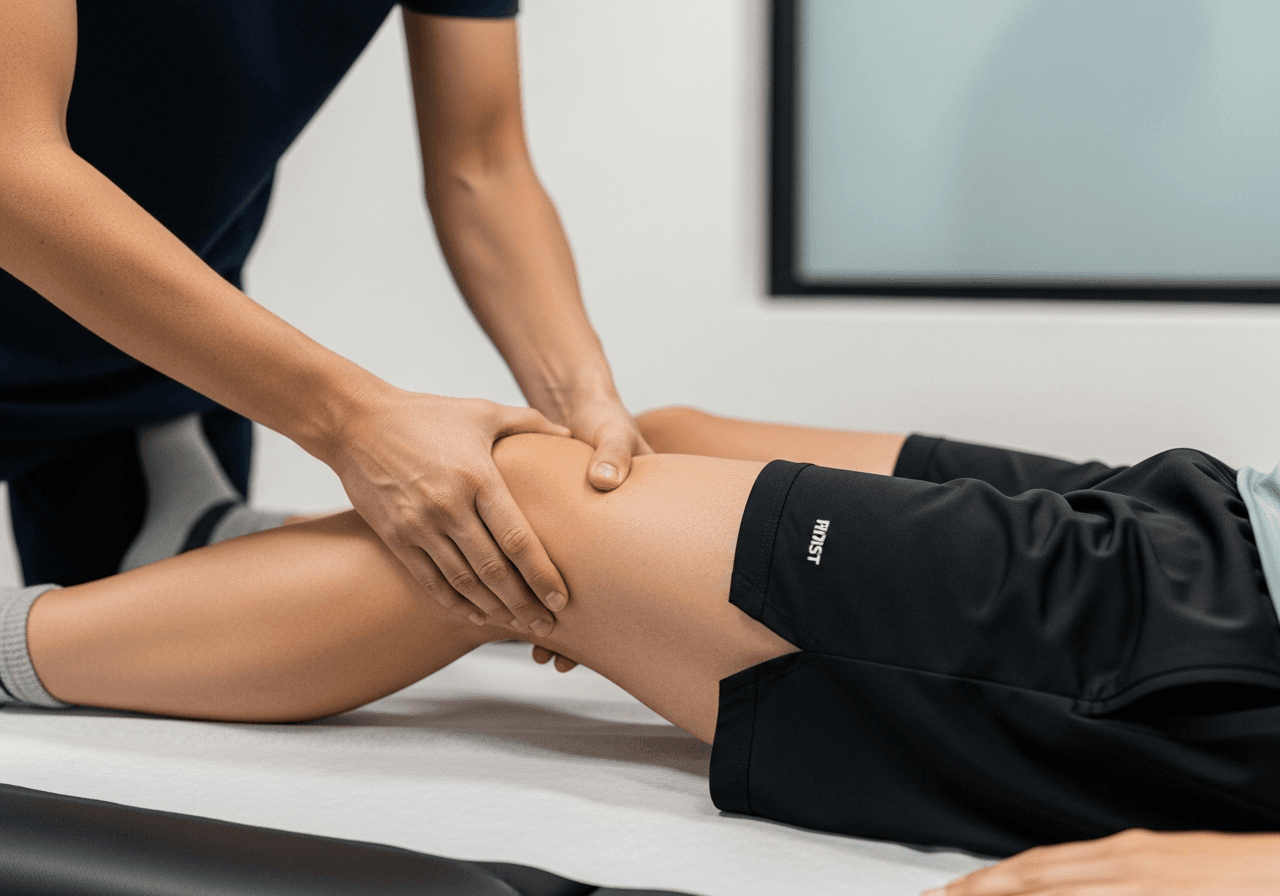 Mains d'ostéopathe traitant le genou d'un patient sportif