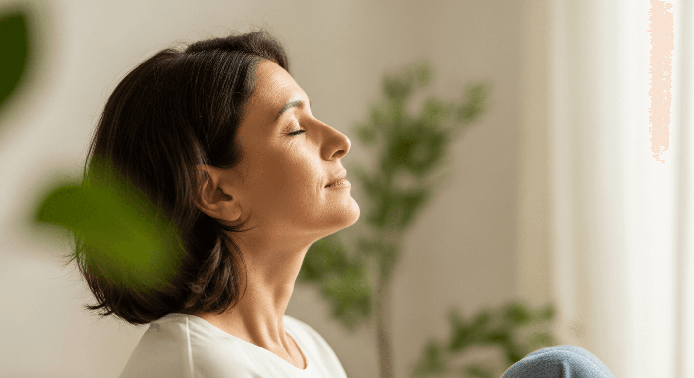 Personne respirant calmement les yeux fermés dans un cadre apaisant