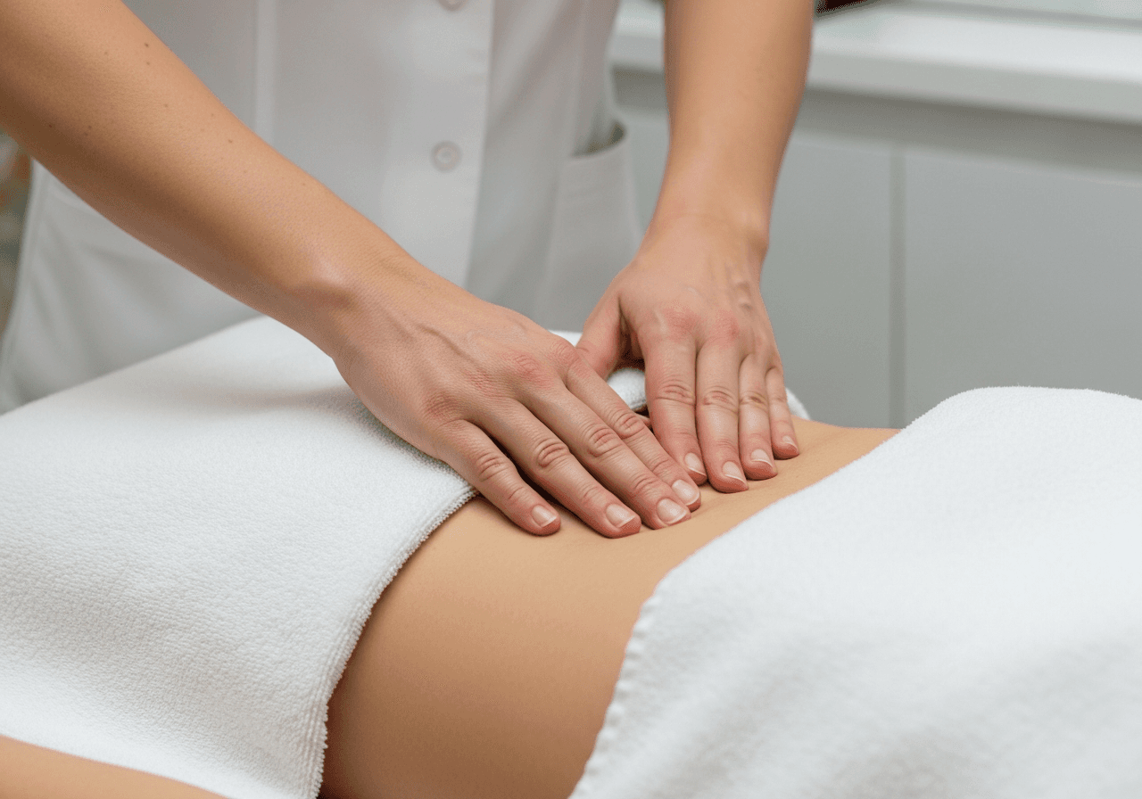 Mains d'ostéopathe travaillant sur le diaphragme d'un patient allongé