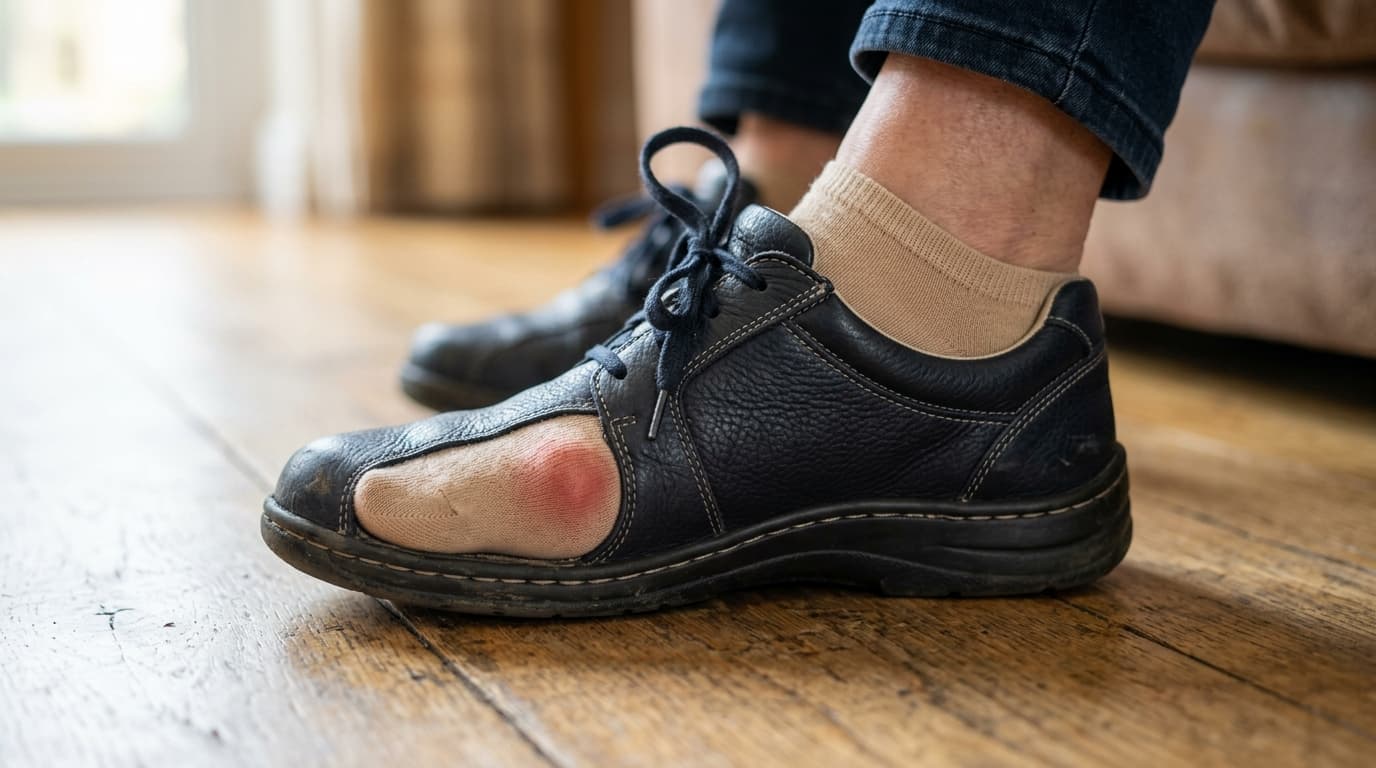 Pied adulte avec hallux valgus dans une chaussure large