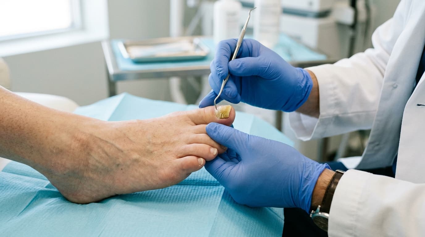 Examen rapproché d'un ongle de pied épaissi par des mains gantées