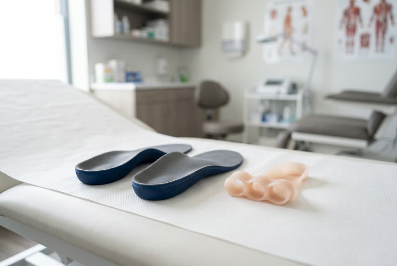 Semelles orthopédiques et orthèse en silicone sur une table de consultation