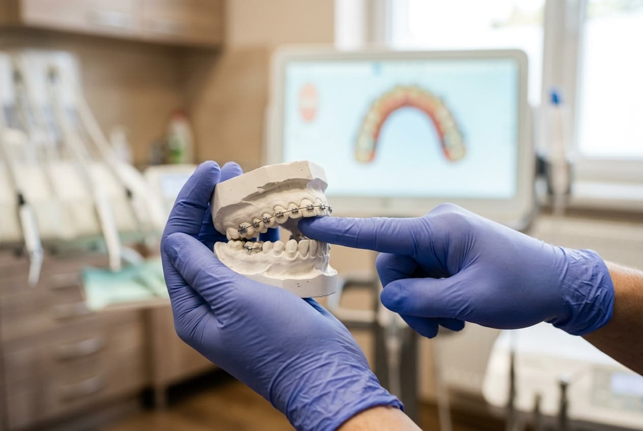 Mains gantées tenant des modèles dentaires lors d'un bilan orthodontique