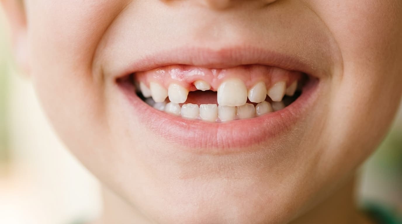 Gros plan générique d'un sourire d'enfant avec une incisive en cours d'éruption
