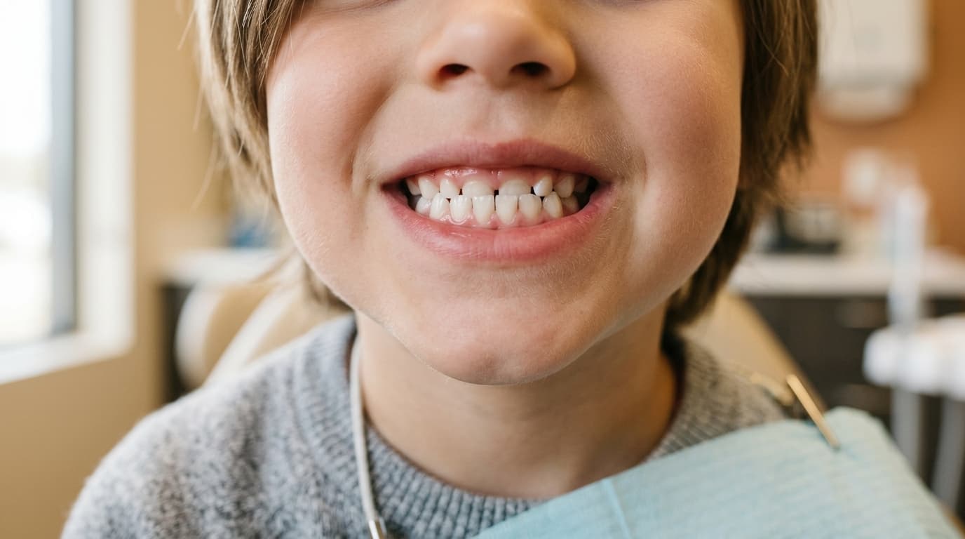 Vue rapprochée anonyme de dents d'enfant avec incisives inférieures légèrement en avant