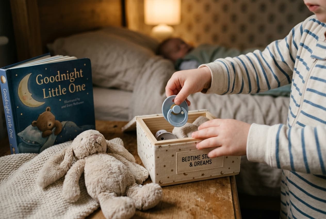 Petites mains d'enfant rangeant une tétine avec un livre du soir et un doudou
