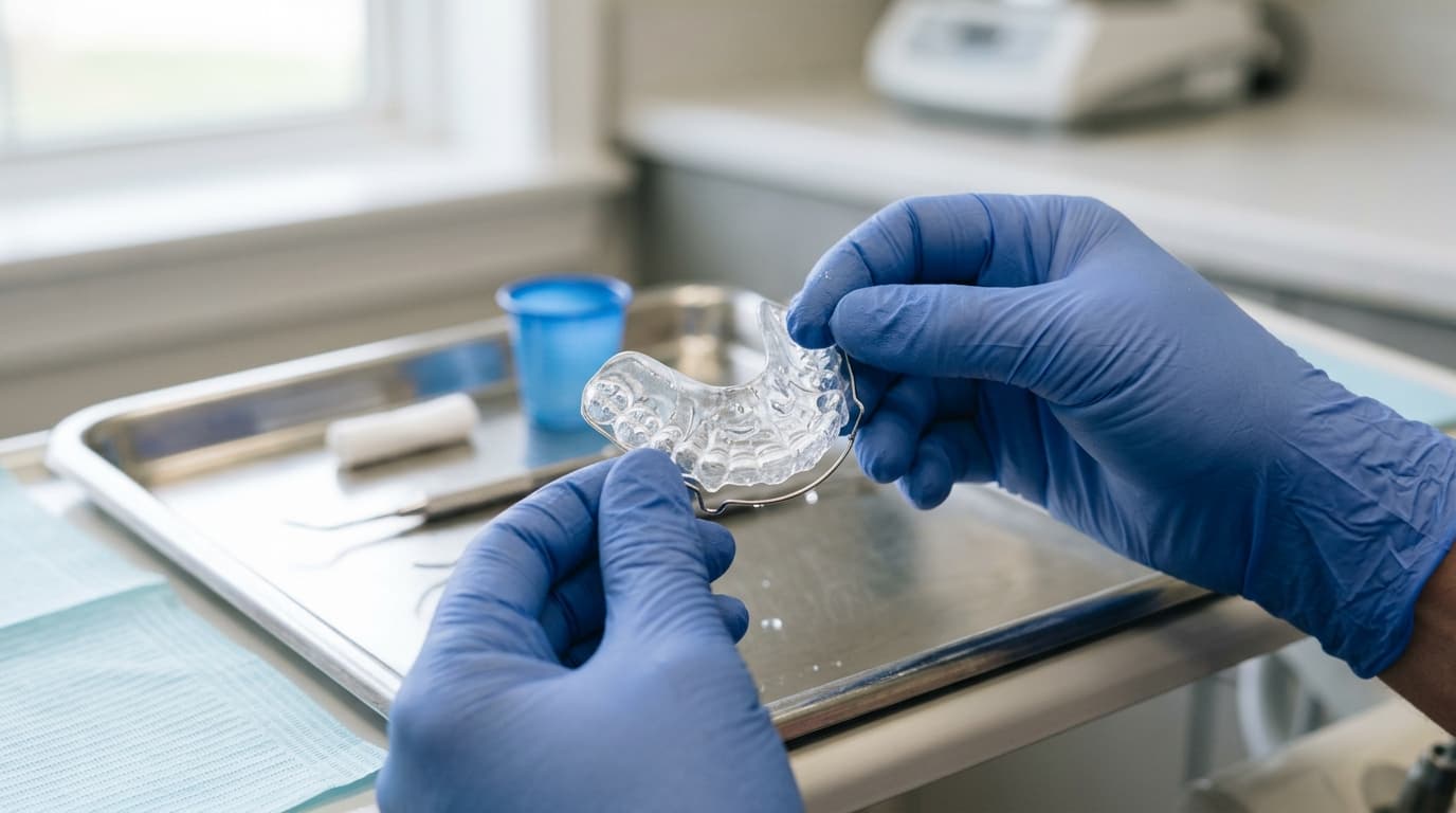 Gouttière de contention transparente tenue avec des gants au-dessus d'un plateau dentaire