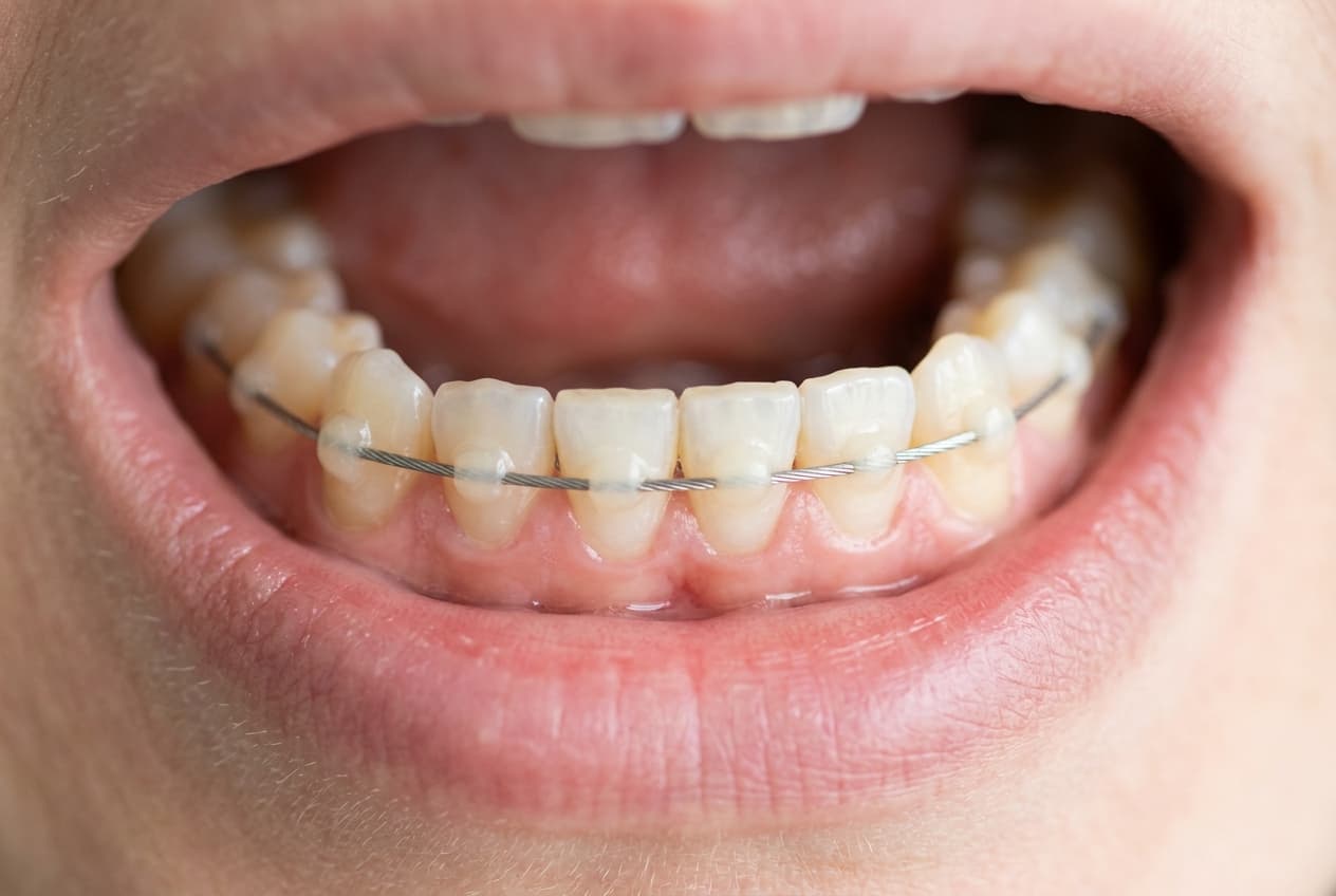 Fil de contention collé derrière les dents antérieures en gros plan