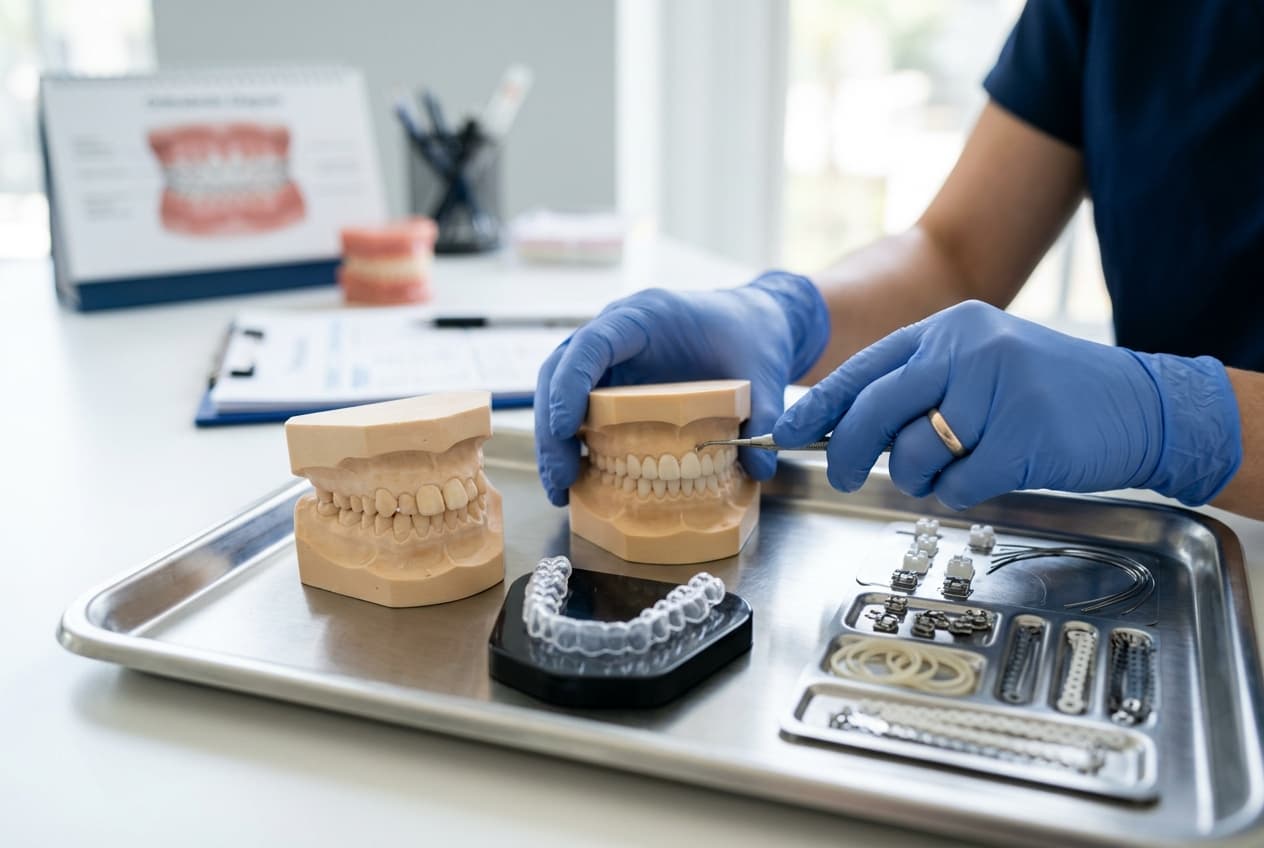 Plateau orthodontique avec modèles dentaires, aligneurs transparents et instruments