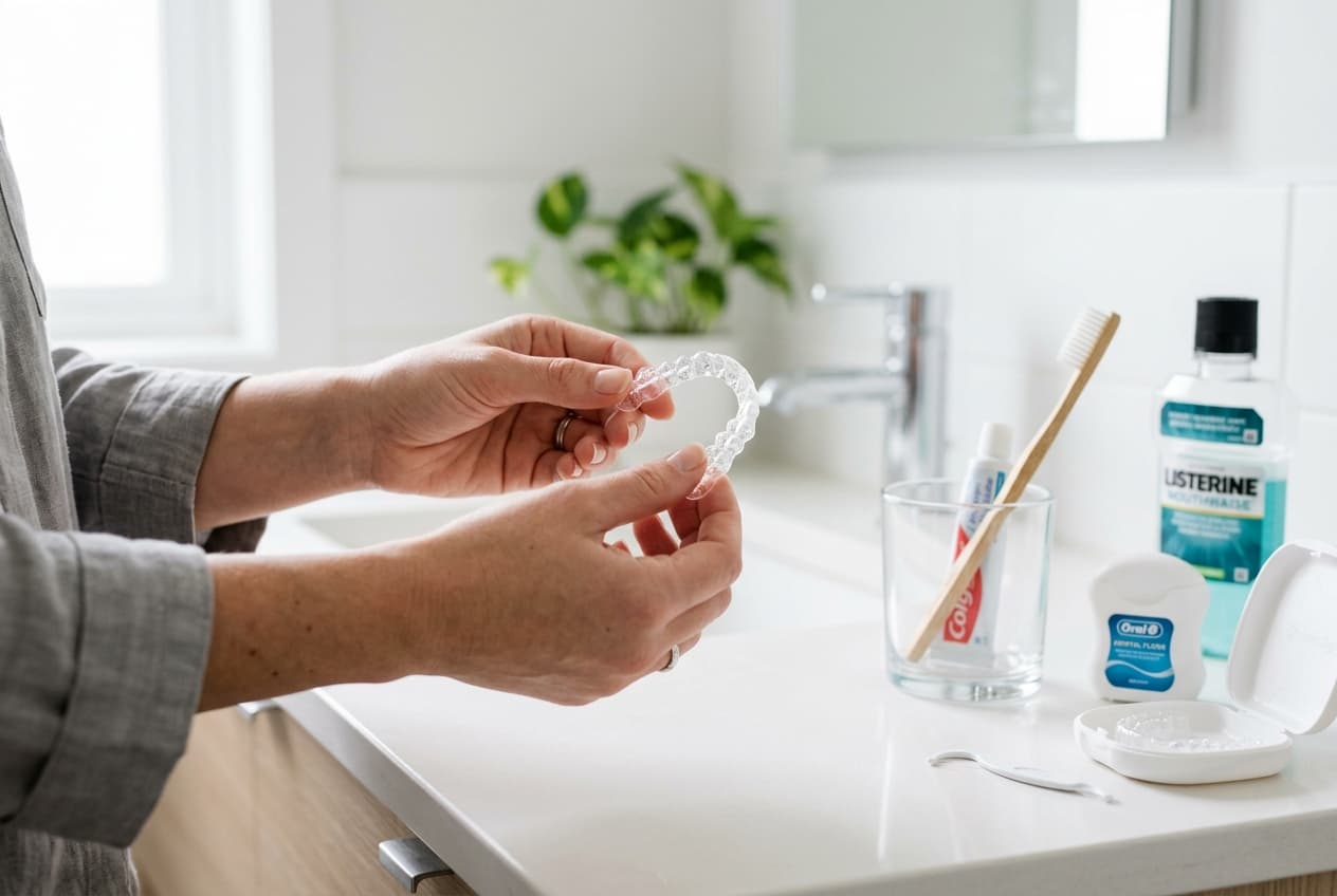 Mains tenant un aligneur transparent propre à côté d’une brosse à dents