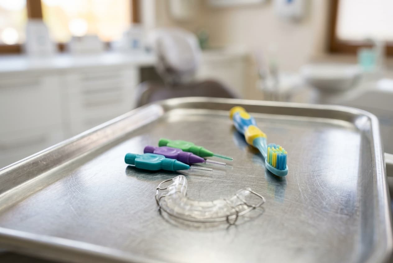 Brosse à dents et brossettes interdentaires près d'un appareil orthodontique simple