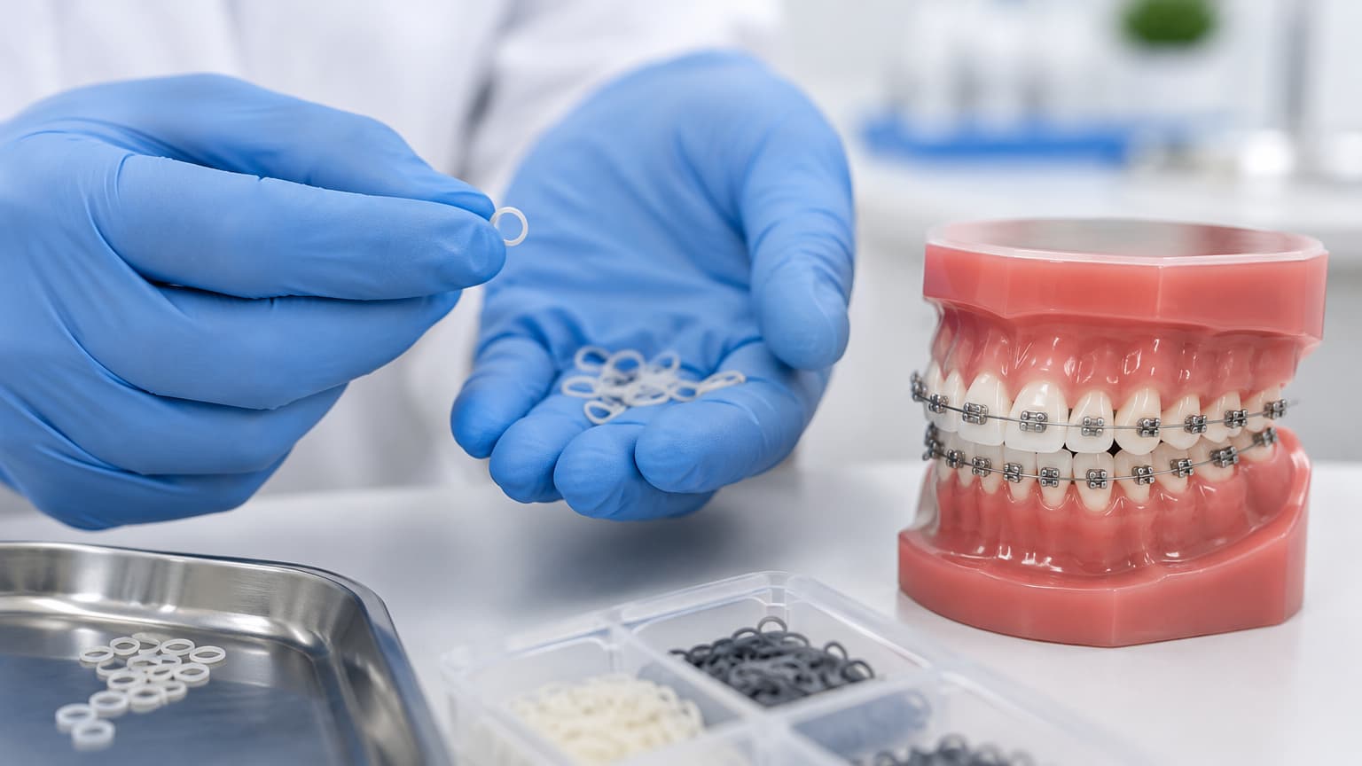 Élastiques orthodontiques placés près d’un modèle dentaire