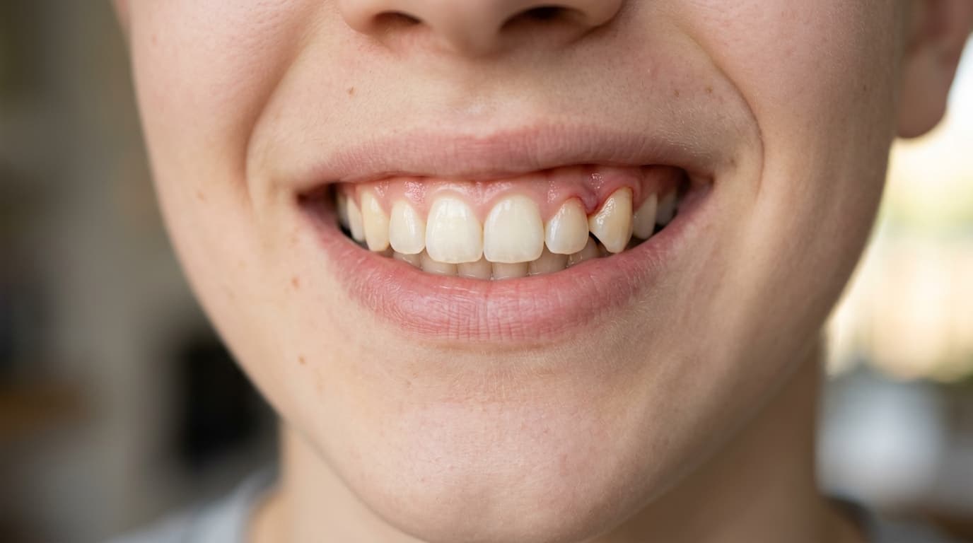 Gros plan d’une bouche d’adolescent montrant l’éruption des dents supérieures