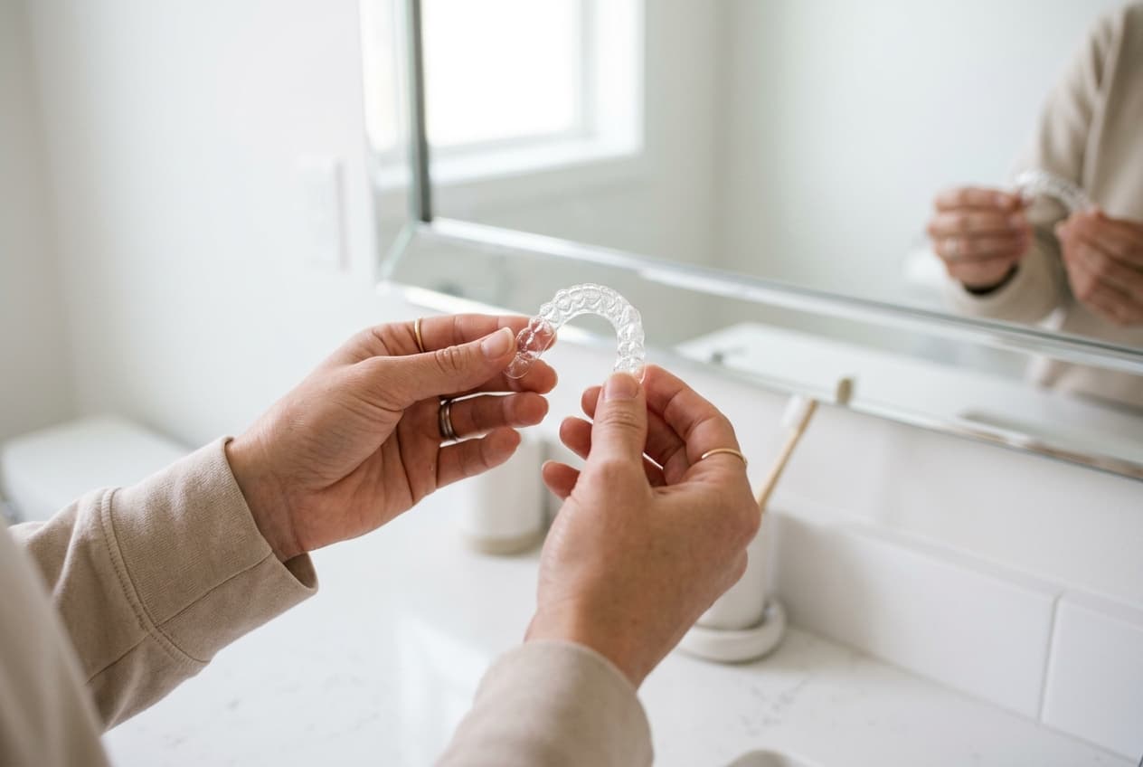 Gouttière de contention transparente tenue en main avant un contrôle orthodontique