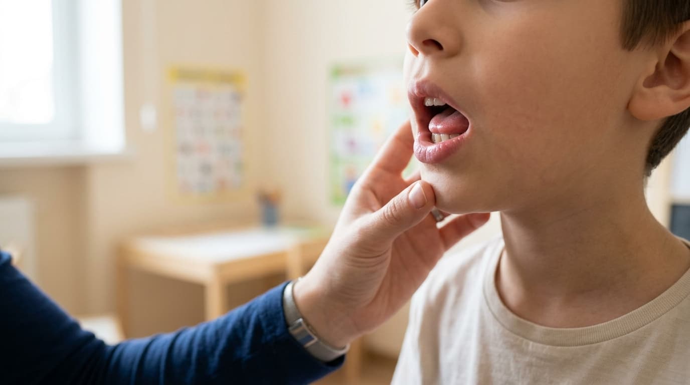 Gros plan d’une bouche d’enfant prononçant un son avec accompagnement orthophonique